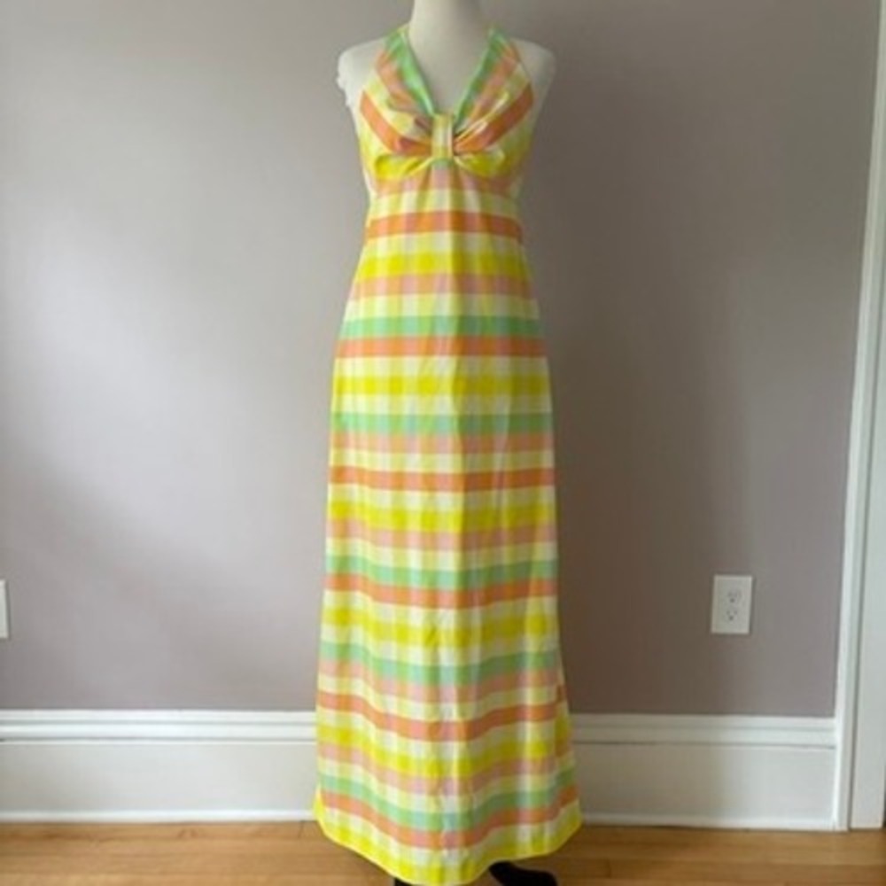 Vtg 70s Jo Jr Dallas Maxi Dress Colorful Pastel Gingham Halter Neck